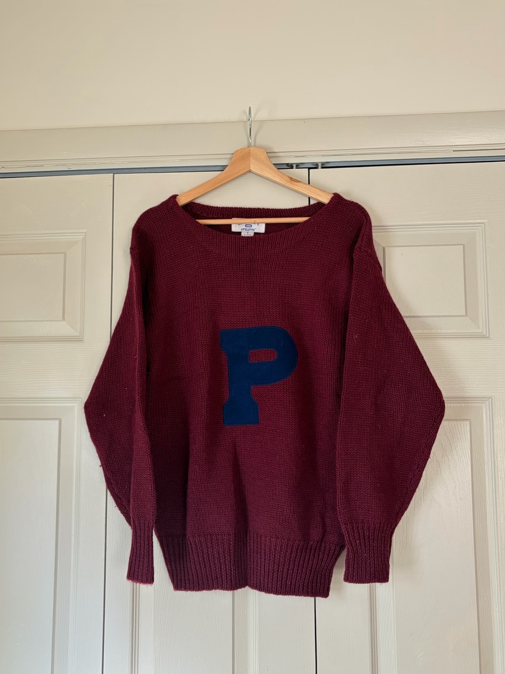 Vintage Varsity Athletic Wool Maroon Crewneck Sweater with Navy 'P' Patch